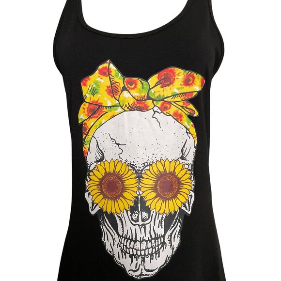 Womens Small Black T-Shirt Skull Sunflower Graphic Tank Top Sleeveless Halloween - Picture 9 of 11